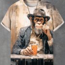 Men's Vintage Monkey Gentleman Drinking Oil Painting Print T-Shirt