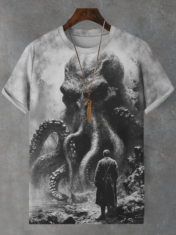Men's Cthulhu Octopus Monster Mystery Art Print Casual T-Shirt
