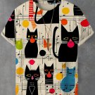 Men's Black Cat Sheet Music Art Print Casual T-Shirt