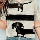 Women's Long Black Dog Crew Neck Print Casual T-Shirt