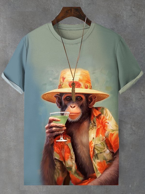 Men's Vintage Holiday Monkey Drinking Art Print T-Shirt