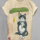 Women's Cat Holding Lotus Leaf Umbrella Japanese Art Print Casual T-Shirt