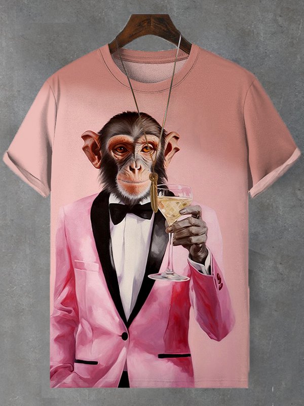 Men's Fun Tuxedo Monkey Gentleman Champagne Print T-Shirt