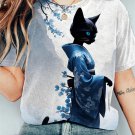Women's Elegant Sakura Kimono Cat Art Print Casual T-Shirt