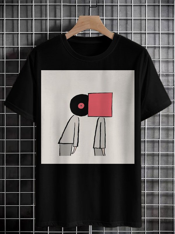Men's Vinyl Record Fun Art Illustration Print Cotton Casual T-Shirt