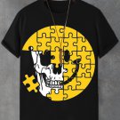 Men's Skull Smiley Face Puzzle Print Cotton Casual T-Shirt