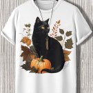 Men's Halloween Plant Black Cat Pumpkin Illustration Print Cotton Casual T-Shirt