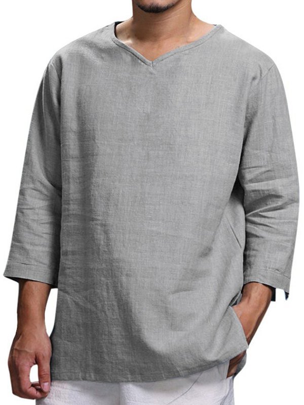 Men's Casual Plain V Neck Three Quarter Sleeve Linen T-Shirt