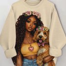 Women's Confident Black Girl and Her Dog Print Cozy Sweatshirt