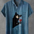 Men's Red Wine Cat Cheers Fuck That Shit Print Short Sleeve Shirt