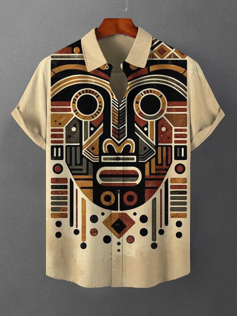 Men's Retro Africa Abstract Face Art Print Casual Short Sleeve Shirt