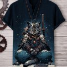 Men's Cat Saber Warrior Meditation Snow Art Print Casual V-Neck Shirt