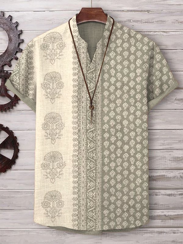 Men's Retro Ethnic Pattern Print V Neck T-Shirt