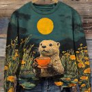 Women's Full Moon Scenery Otter Drinking Tea Oil Painting Print Sweatshirt