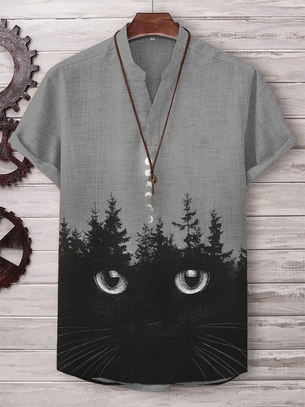 Men's Mystical Forest Cat Hiding Art Print Casual V Neck T-Shirt