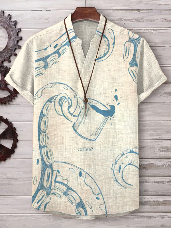 Men's Funny Octopus Coffee Art Print V Neck T-Shirt