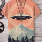 Men's Retro UFO landed on Mount Fuji Print V Neck T-Shirt