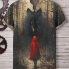 Men's Demon Wolf Red Robe Woman Art Print Linen Blend V Neck T-Shirt
