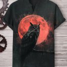 Men's Darkly Owl Moon Pattern Art Print Linen Blend V Neck T-Shirt