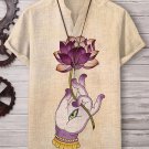 Men's Buddha Hand Holding Lotus Print Cotton And Linen V Neck T-Shirt