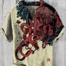 Men's Japanese Cthulhu Octopus Art Print Half Button Linen Blend Shirt