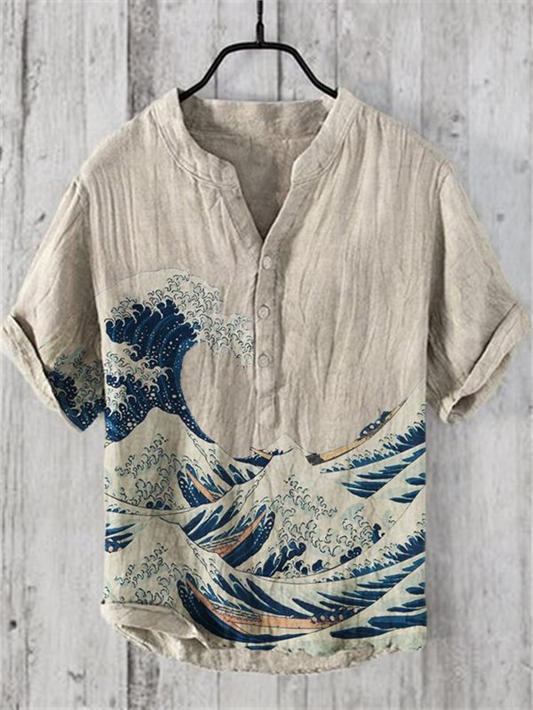Men's Rough Seas Wave Art Print Linen Blend Half Button Shirt