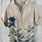 Men's Rough Seas Wave Art Print Linen Blend Half Button Shirt