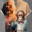Men's Vintage Fun Gentleman Monkey Drinking Print Linen Blend Shirt