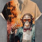 Men's Vintage Monkey Gentleman Whiskey Oil Painting Print Linen Blend Shirt