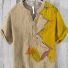 Men's Hippie Fun Art Printed Half-Button Linen Blend Shirt