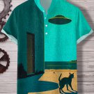 Men's Cat Travels Through Area 51 UFO Art Print Half Button Shirt