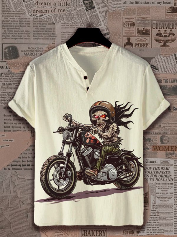 Men's Skeleton Riding Motorcycle Art Print V Neck Button T-Shirt