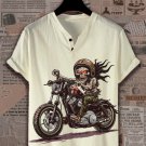 Men's Skeleton Riding Motorcycle Art Print V Neck Button T-Shirt