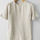 Men's Casual Plain Button Round Neck Short Sleeve Linen T-Shirt