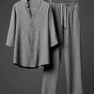 Men's Plain Linen Casual Top Drawstring Pants Matching Set