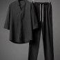 Men's Plain Linen Casual Top Drawstring Pants Matching Set