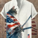 Men's American Flag Robe Cat Ink Painting Short Sleeve Linen Blend Shirt