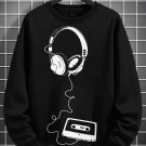 Men's Retro Headphones Music Cassette Art Print Cotton Long Sleeve T-Shirt Thin Sweatshirt