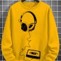Men's Retro Headphones Music Cassette Art Print Cotton Long Sleeve T-Shirt Thin Sweatshirt