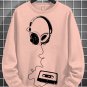 Men's Retro Headphones Music Cassette Art Print Cotton Long Sleeve T-Shirt Thin Sweatshirt