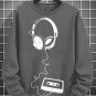 Men's Retro Headphones Music Cassette Art Print Cotton Long Sleeve T-Shirt Thin Sweatshirt