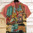 Men's Vintage Bus On The Road Guitar Print Short Sleeve Casual Shirt