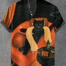 Men's Funny Cozy Black Cat Drinking Illustration Print Casual Shirt