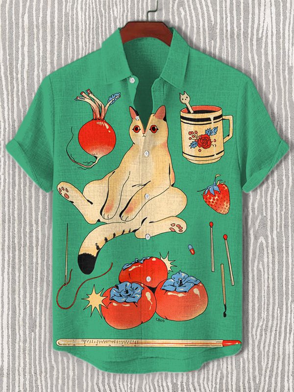 Men's Leisure Cat Fruit Thermometer Art Print Short Sleeve Shirt