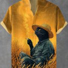 Men's Farm Melancholy Smoking Black Cat Art Print Shirt