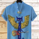 Men's Fun Blue Cat Angel Playing Guitar Print Casual Shirt