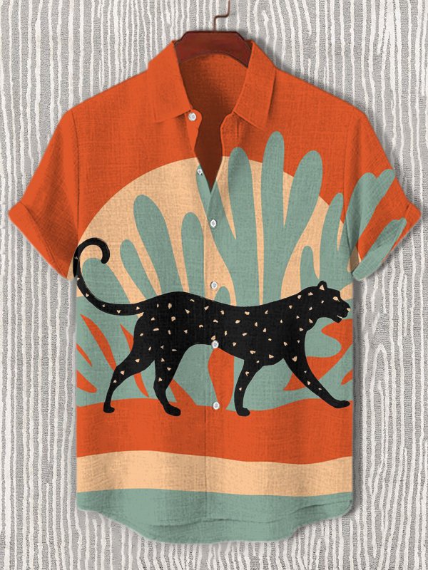 Men's Desert Botanical Leopard Art Print Short Sleeve Shirt