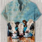 Men's Fun Cows Drinking Coffee Oil Painting Art Print Casual Shirt