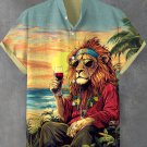 Men's Reggae Soul Lion Drinking Red Wine At The Beach Art Print Shirt