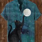 Men's Starry Night Black Cat Art Print Short Sleeve Shirt